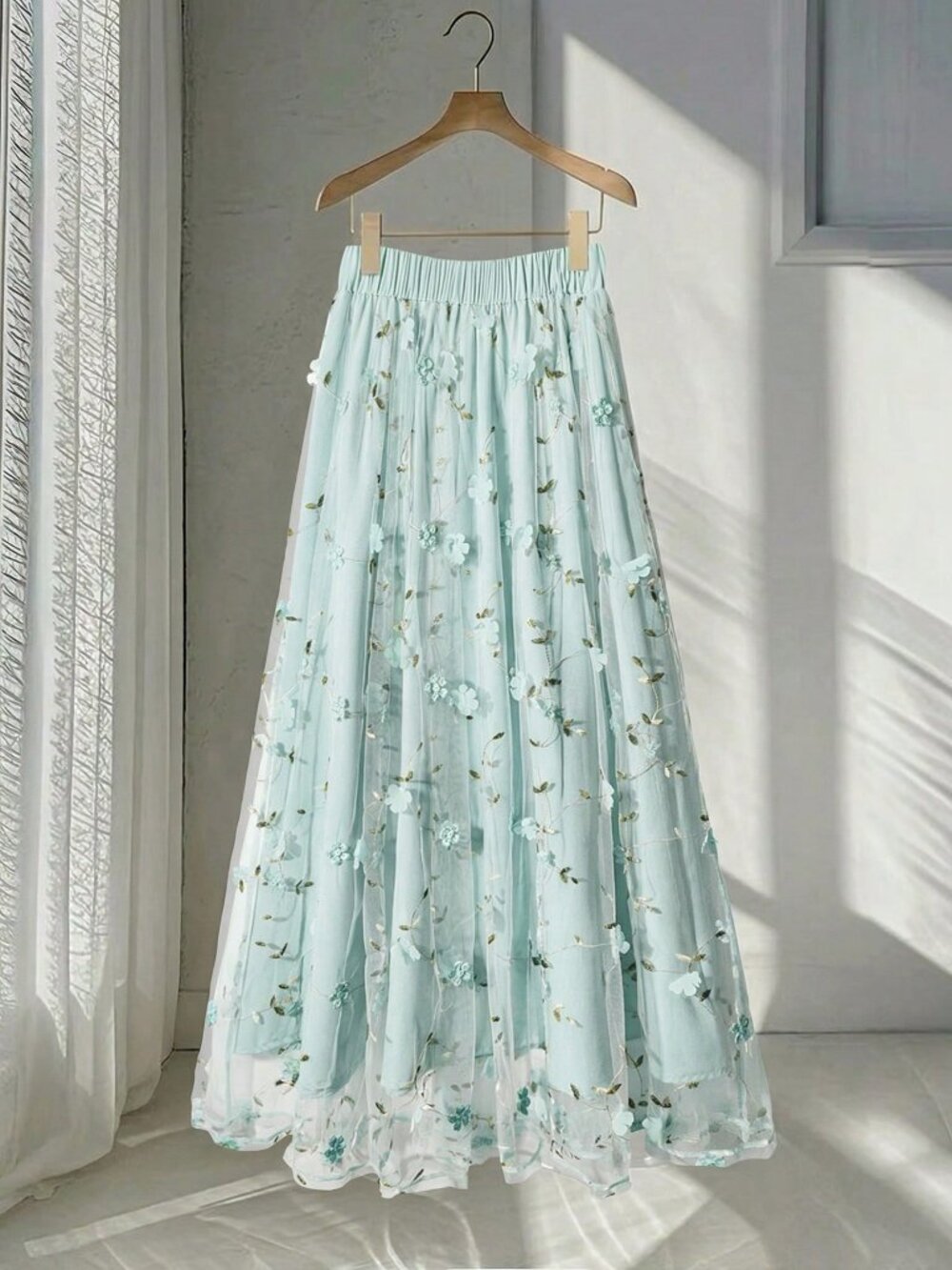 Mint Green Boho Women's Elegant Embroidered Mesh Floral A-Line Skirt